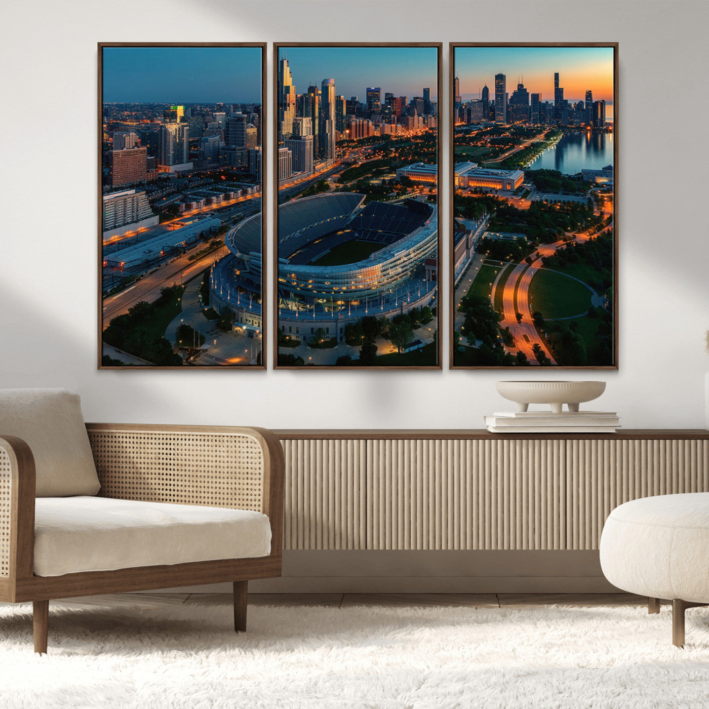 36690345-MGV-CV-36X24-Soldier Field Wall Art – Chicago Bears Stadium Aerial Night Canvas Print, City Skyline Football Decor for Living Room, Office, or