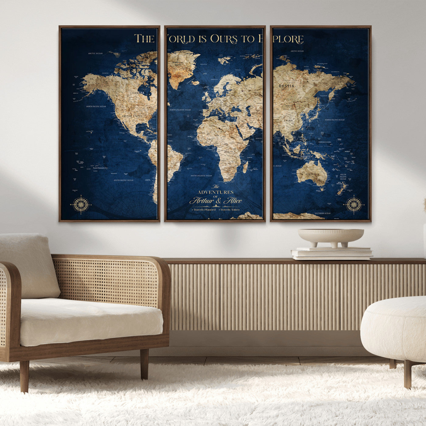 54782997-MGV-FC-48X32-3P_Walnut-The World is Ours to Explore Wall Art – Blue World Map Canvas Print, Adventure Travel Decor for Home, Office or Living Room,