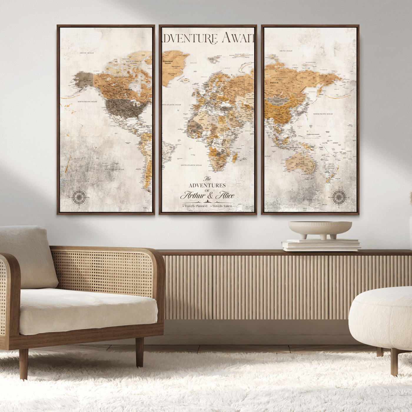 99422096-MGV-FC-48X32-3P_Walnut-Adventure Awaits World Map Wall Art – Neutral Beige Canvas Print, Modern Travel Inspired Wall Decor for Living Room, Bedroom or