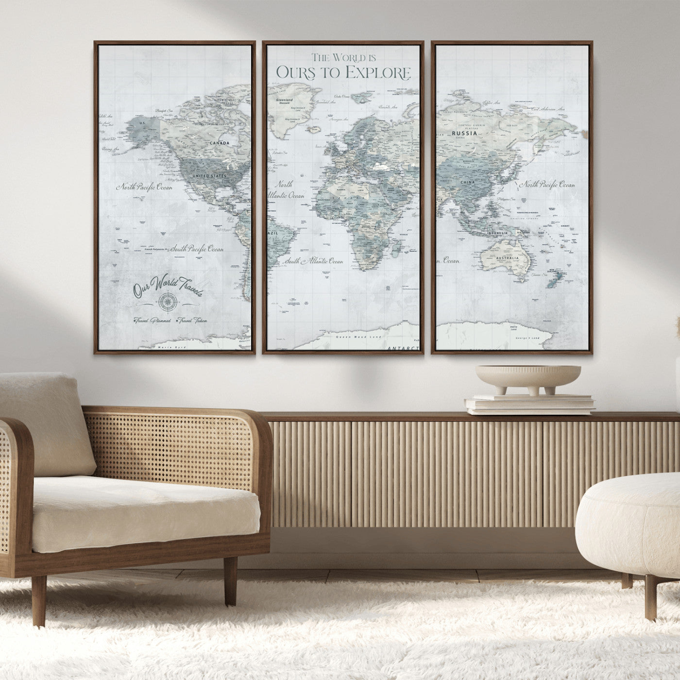 94249974-MGV-CV-36X24-Ours Explore World Map Wall Art – Modern Travel Canvas Print, Neutral Adventure Decor for Living Room, Office, Study, Bedroom,