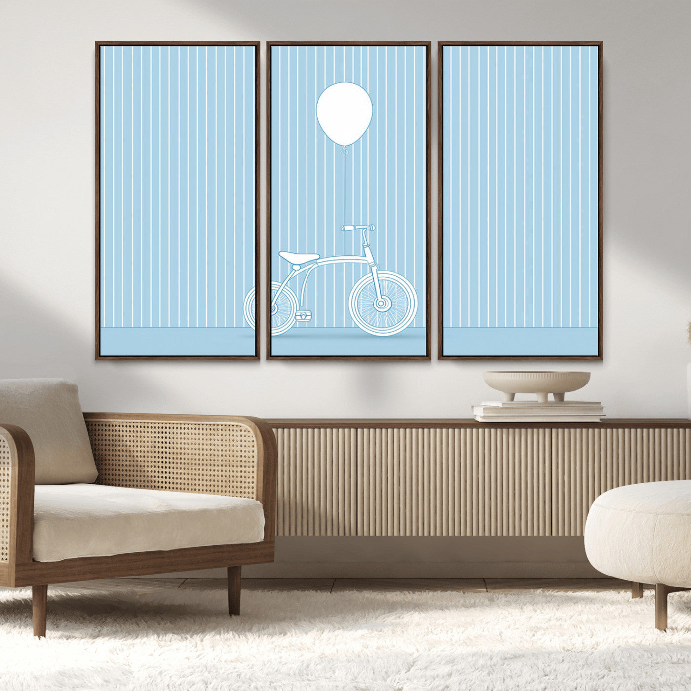 56479838-MGV-FC-48X32-3P_Walnut-Bicycle Wall Art – Minimalist Blue Canvas Print with Balloon Illustration, Modern Decor Artwork for Kids Room, Nursery, or Living