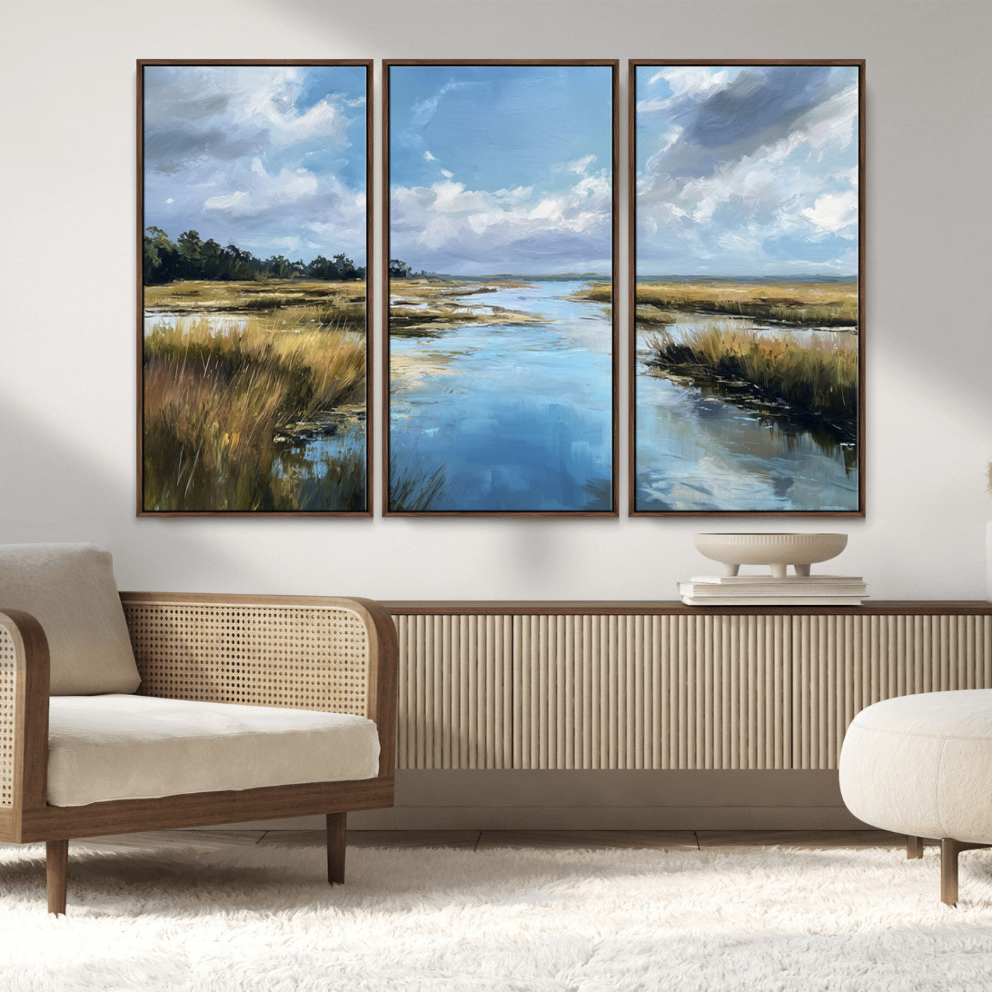 87082041-MGV-CV-36X24-Painted Marshland Canvas Wall Art – Serene Water Reflection, Blue Sky, Golden Grass Landscape, Calm Nature Decor for Home, Office,