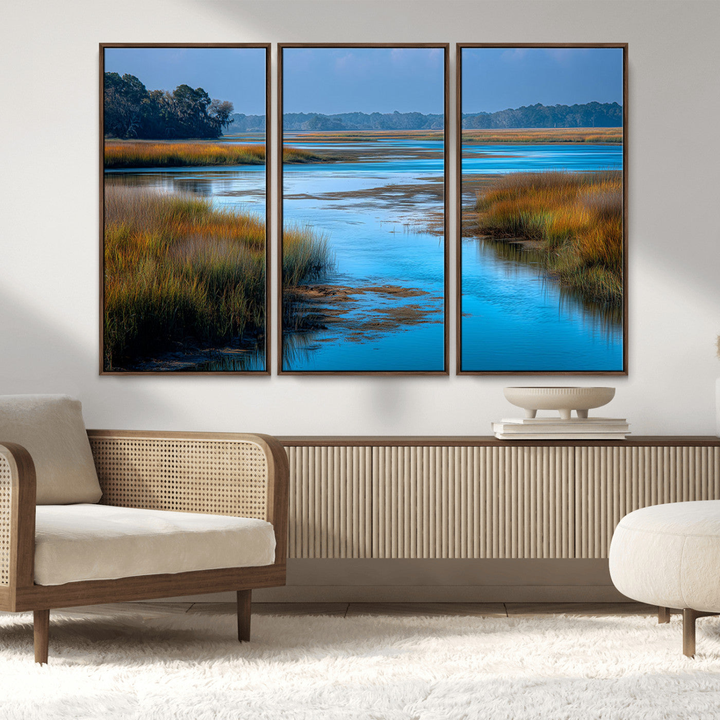 26300004-MGV-CV-36X24-Tranquil Marshland Canvas Wall Art – Blue Water, Reflective Sky, Golden Grasses, Calm Nature Landscape, Scenic Outdoor Beauty for