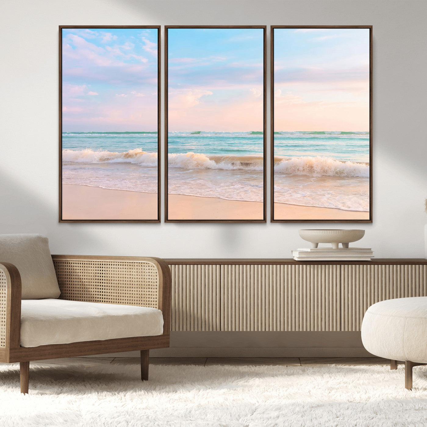 88024944-MGV-CV-36X24-Serene Ocean Waves Canvas Wall Art – Pastel Sky, Soft Sand Beach, Tranquil Seascape, Calm Water Coastal Nature, Relaxing Peaceful