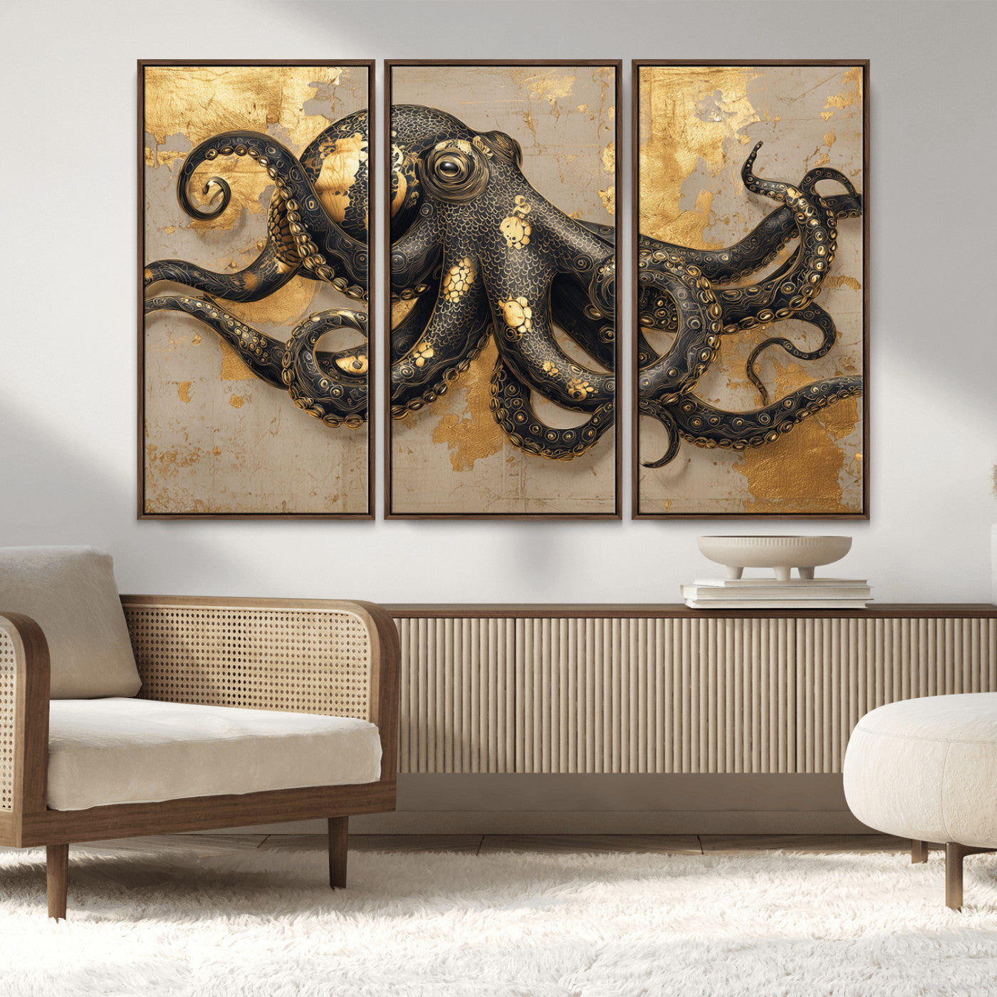 57944271-MGV-FC-48X32-3P_Walnut-Octopus Wall Art – Black and Gold Nautical Canvas Print, Modern Ocean Inspired Artwork with Elegant Detailing, Coastal Marine