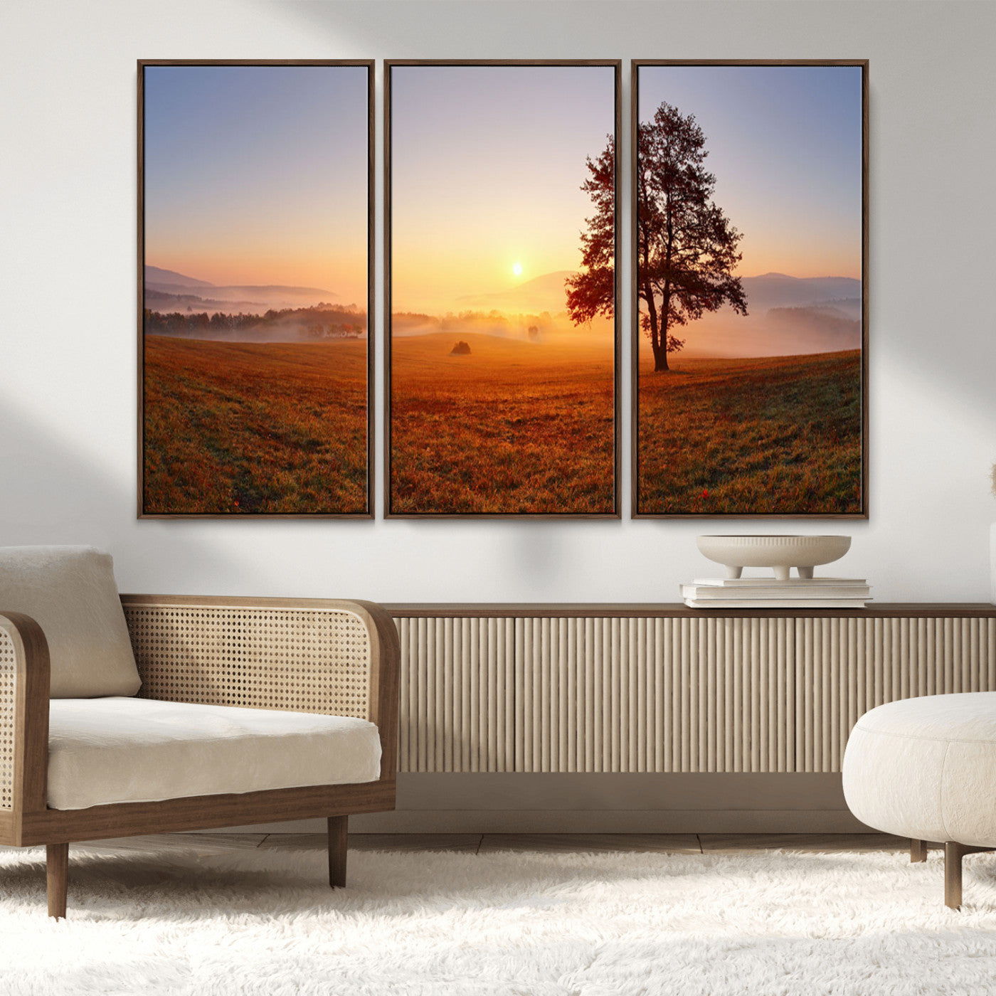 57919623-MGV-CV-36X24-Golden Sunrise Landscape Canvas Wall Art - Framed Misty Field Print, Large Nature Canvas for Living Room, Office, or Home Decor