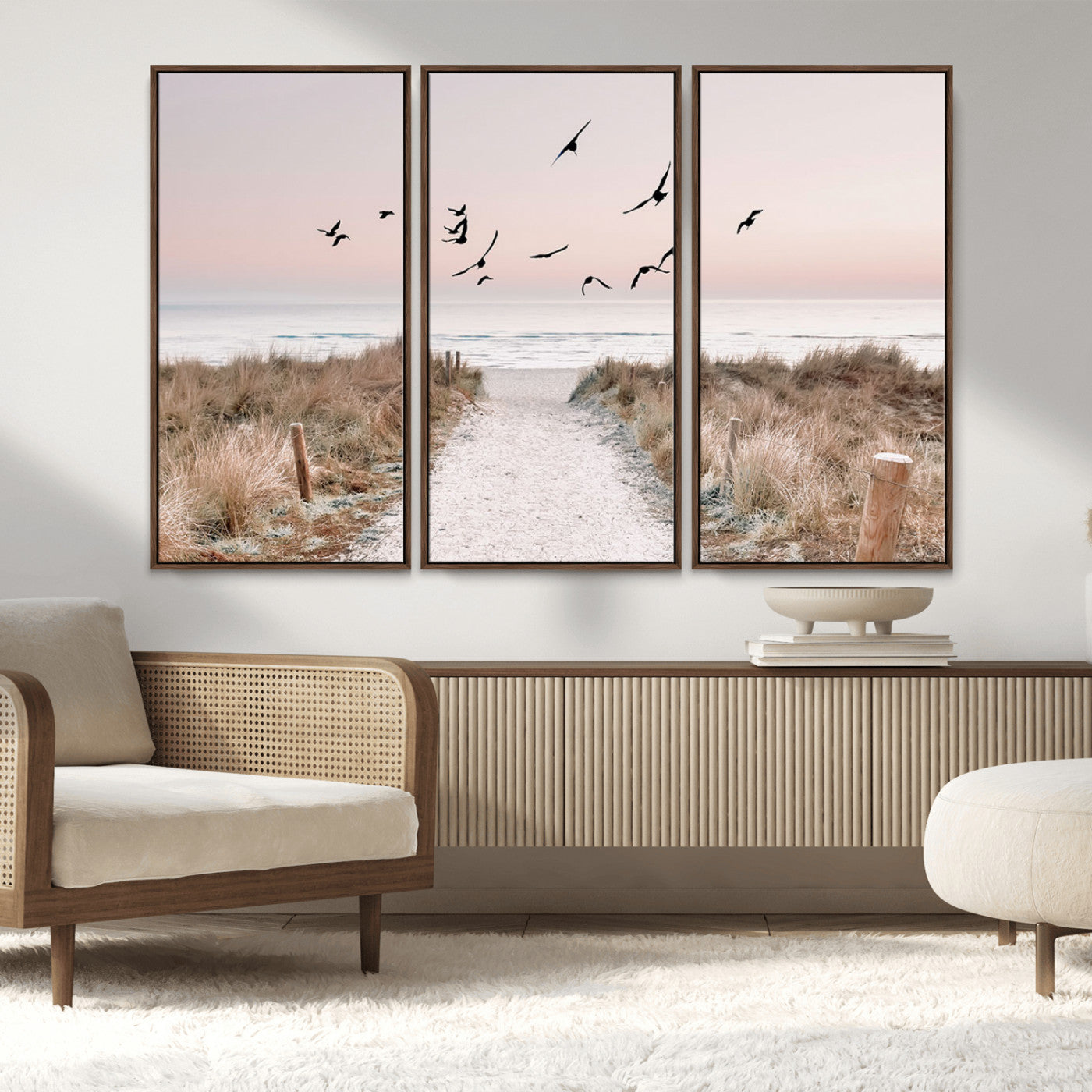 34632598-MGV-FC-48X32-3P_Walnut-Beach Pathway Wall Art – Coastal Canvas Print with Sandy Trail, Flying Birds and Pastel Sky, Serene Ocean Landscape Photography
