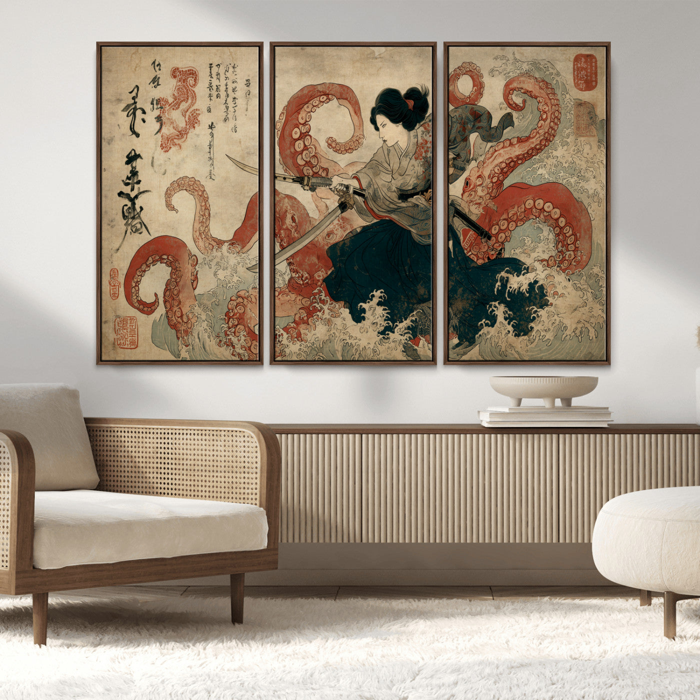 50812504-MGV-CV-36X24-Tsukioka Yoshitoshi Samurai Wall Art Print, Japanese Katana Warrior Canvas Wall Art, Octopus Sea Monster Canvas Print,