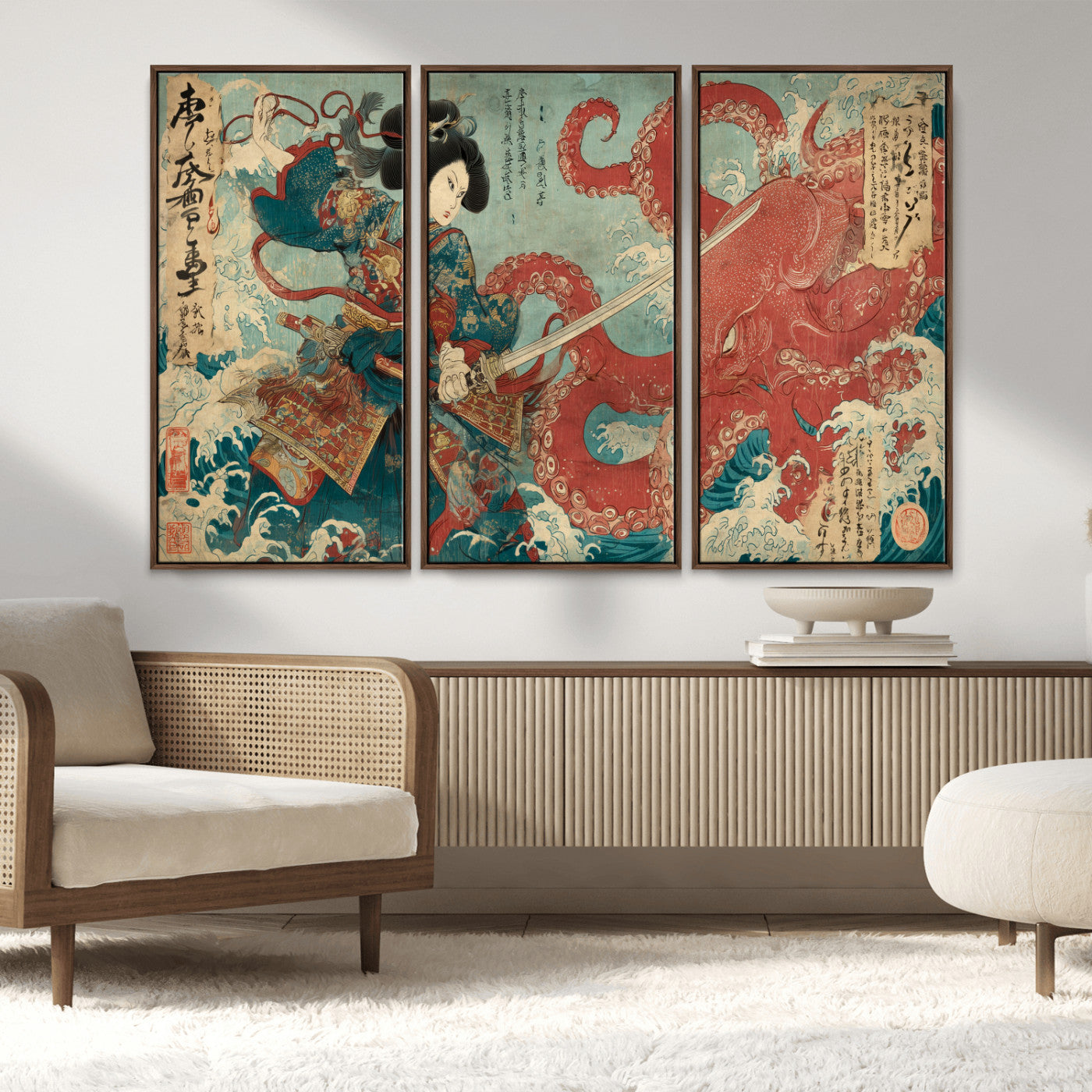 68844327-MGV-CV-36X24-Tsukioka Yoshitoshi Samurai Wall Art Print, Japanese Katana Warrior Canvas Wall Art, Octopus Sea Monster Canvas Print,