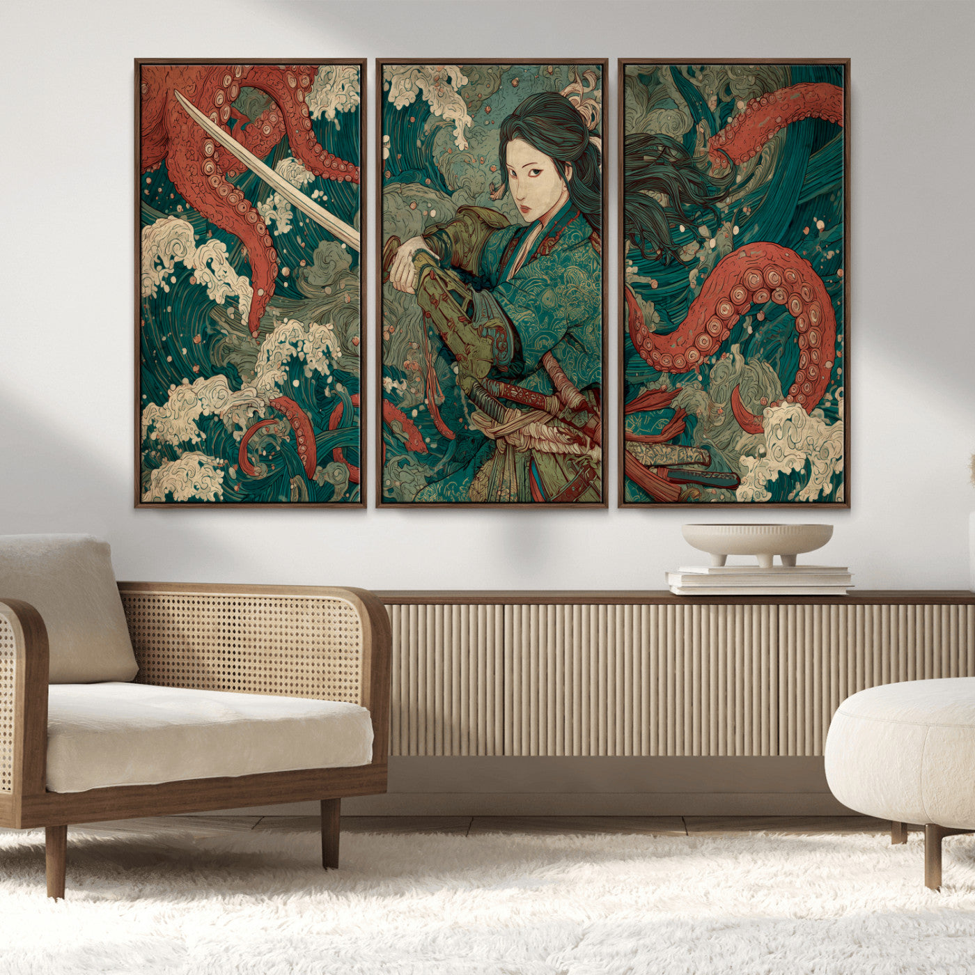 35461724-MGV-CV-36X24-Samurai Woman vs Octopus Wall Art – Japanese Ukiyo-e Ocean Waves Canvas Print, Red Tentacle Battle Artwork for Living Room,
