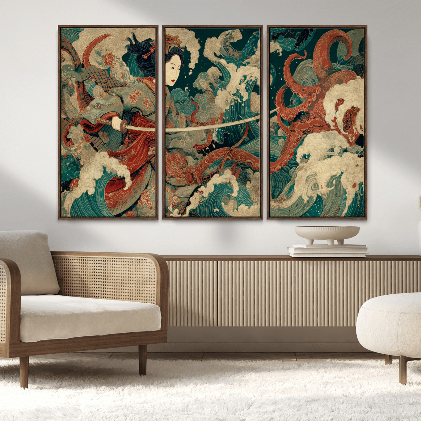 30212982-MGV-FC-48X32-3P_Walnut-Samurai Woman vs Octopus Wall Art – Japanese Ukiyo-e Style Warrior and Sea Monster Canvas Print, Mythology Inspired Artwork for