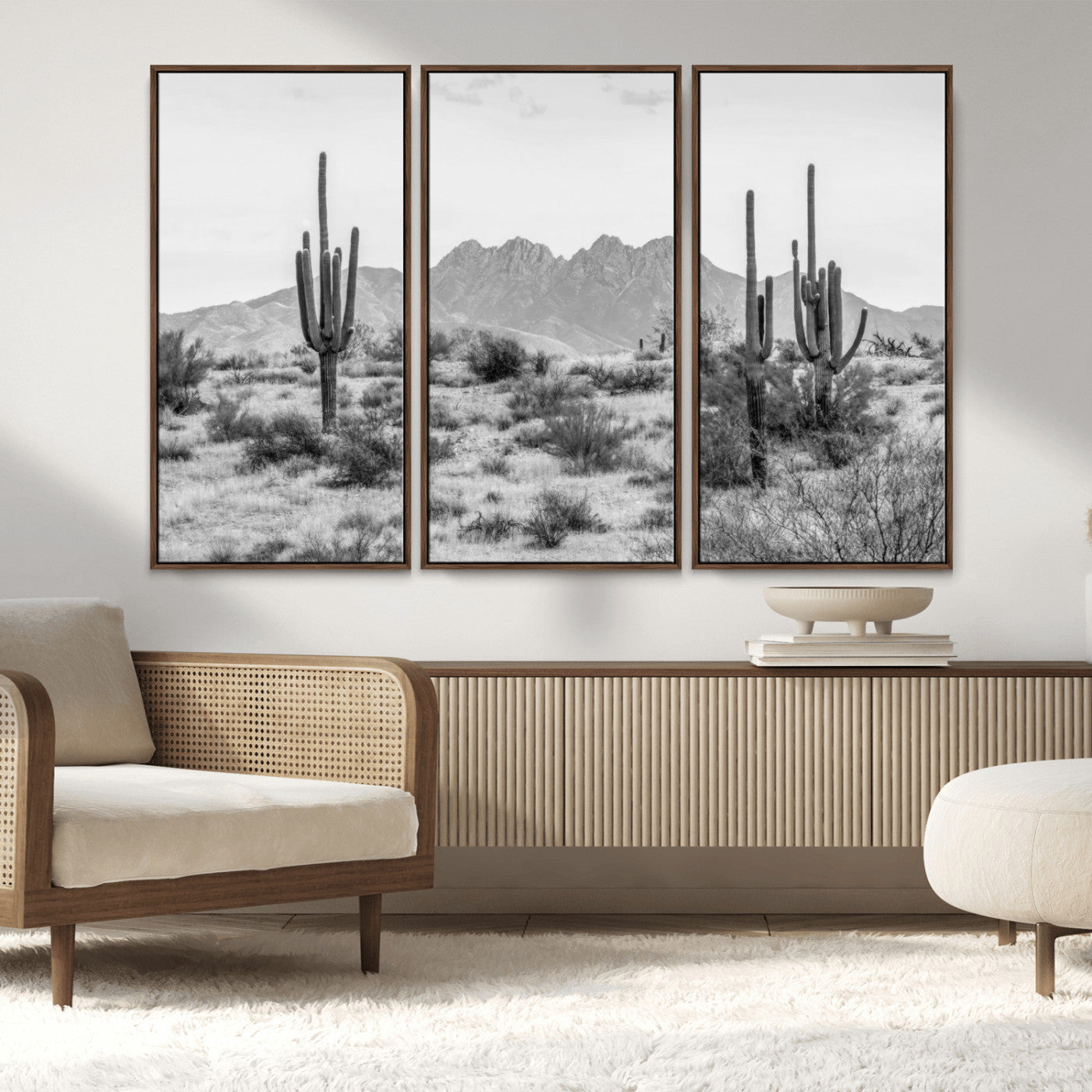 97436PHN-MGV-CV-36X24-Desert Landscape Wall Art – Black and White Cactus and Mountain Canvas Print, Southwestern Nature Photography for Living Room,
