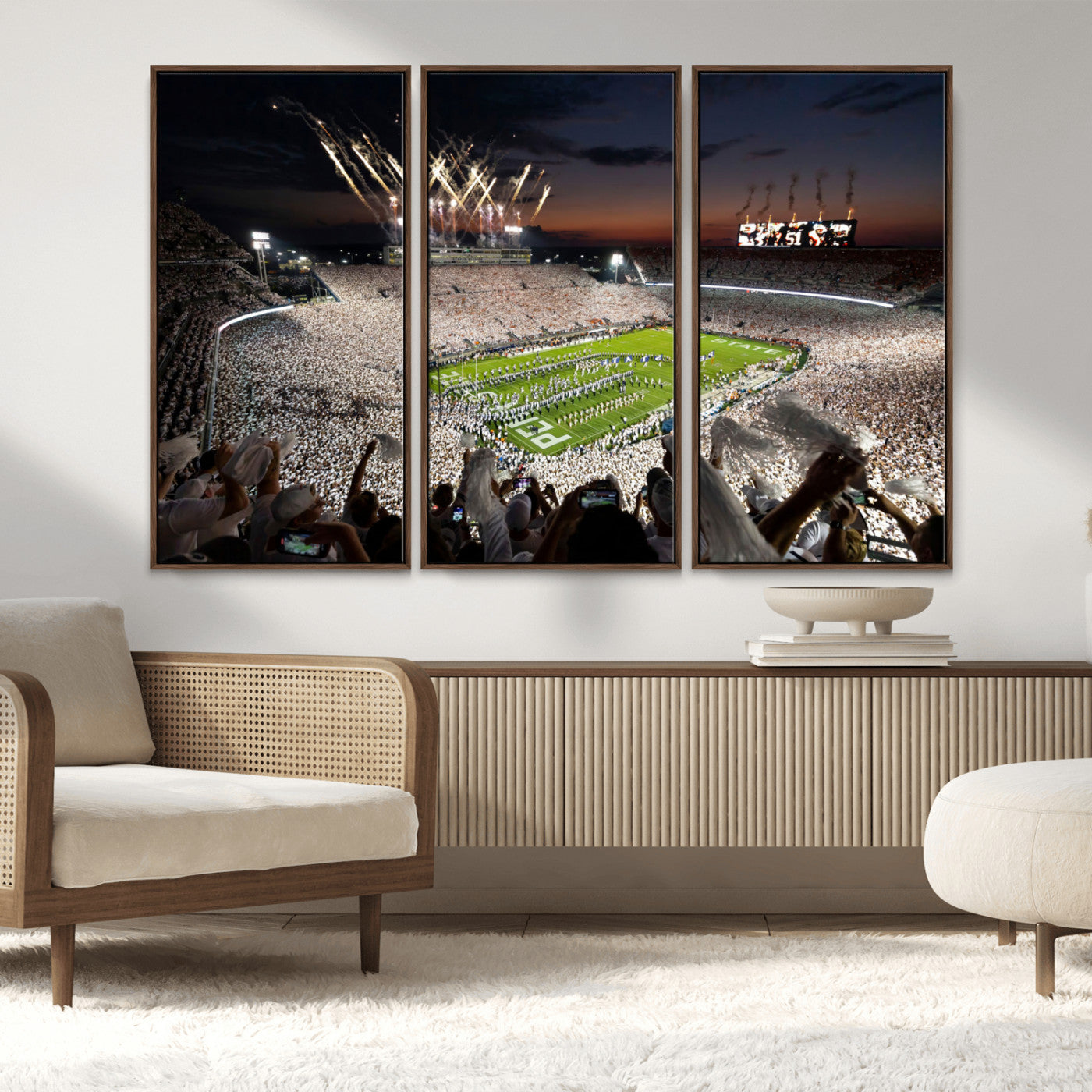 Penn-MGV-FC-48X32-3P_Walnut-Football Stadium Wall Art – Panoramic Night Game Canvas Print, Packed Crowd with Fireworks, Sports Decor for Office, Man Cave, Bar