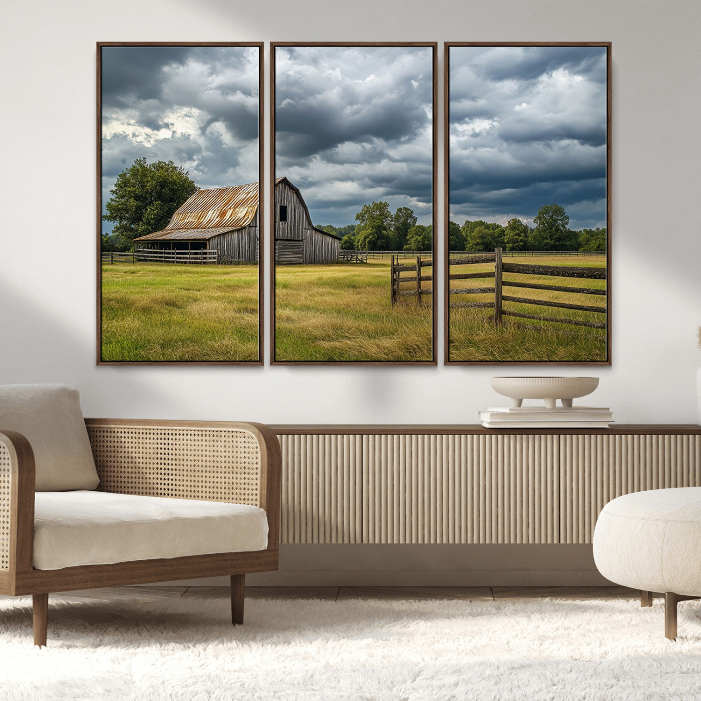 39409517-MGV-FC-48X32-3P_Walnut-Rustic Barn Wall Art – Weathered Farmhouse and Storm Clouds Canvas Print, Country Landscape Photography Decor for Bedroom, Living