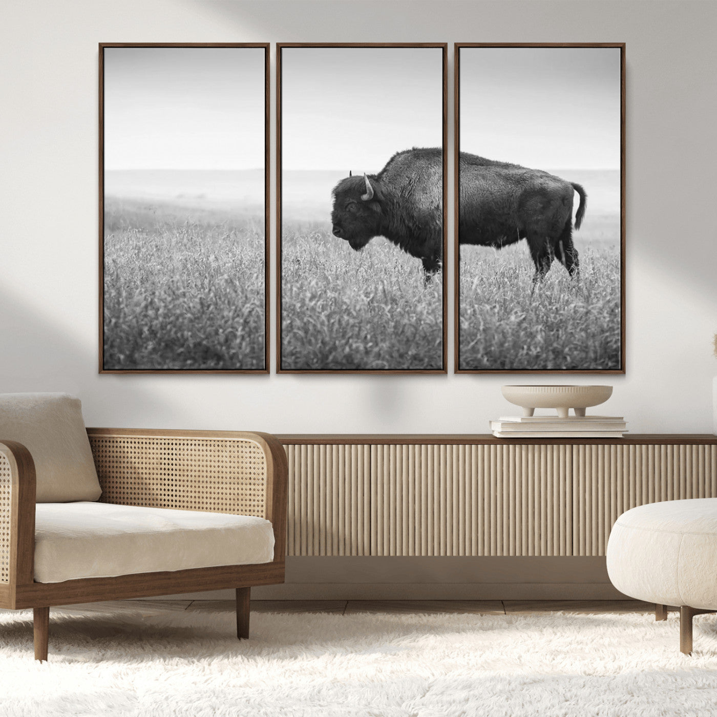 90861202-MGV-CV-36X24-Black and White Bison Canvas Wall Art – Rustic American Buffalo Print, Western Wildlife Photography for Farmhouse, Cabin, Office