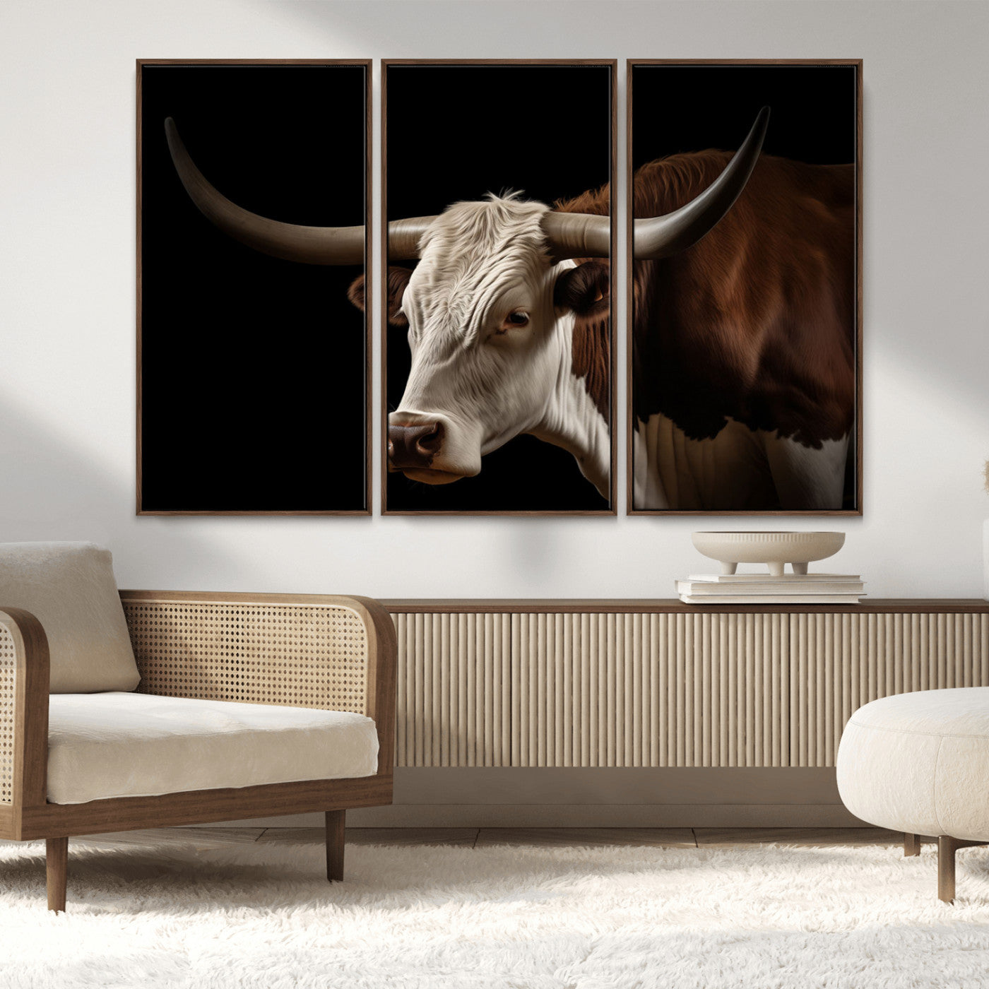 27414857-MGV-CV-36X24-Longhorn Bull Wall Art – Dramatic Western Steer Portrait Canvas Print, Rustic Farmhouse Animal Decor for Living Room, Office, or
