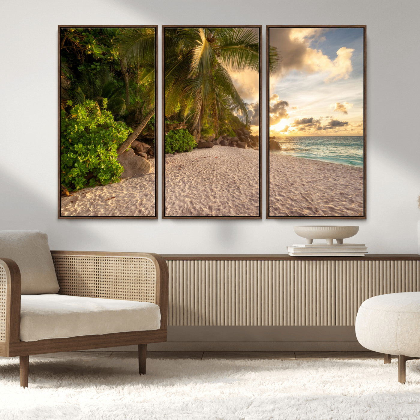 89531159-MGV-CV-36X24-Tropical Beach Sunset Canvas Wall Art – Palm Trees Golden Sand Ocean Waves Coastal Paradise Print for Beach House Bedroom Bathroom