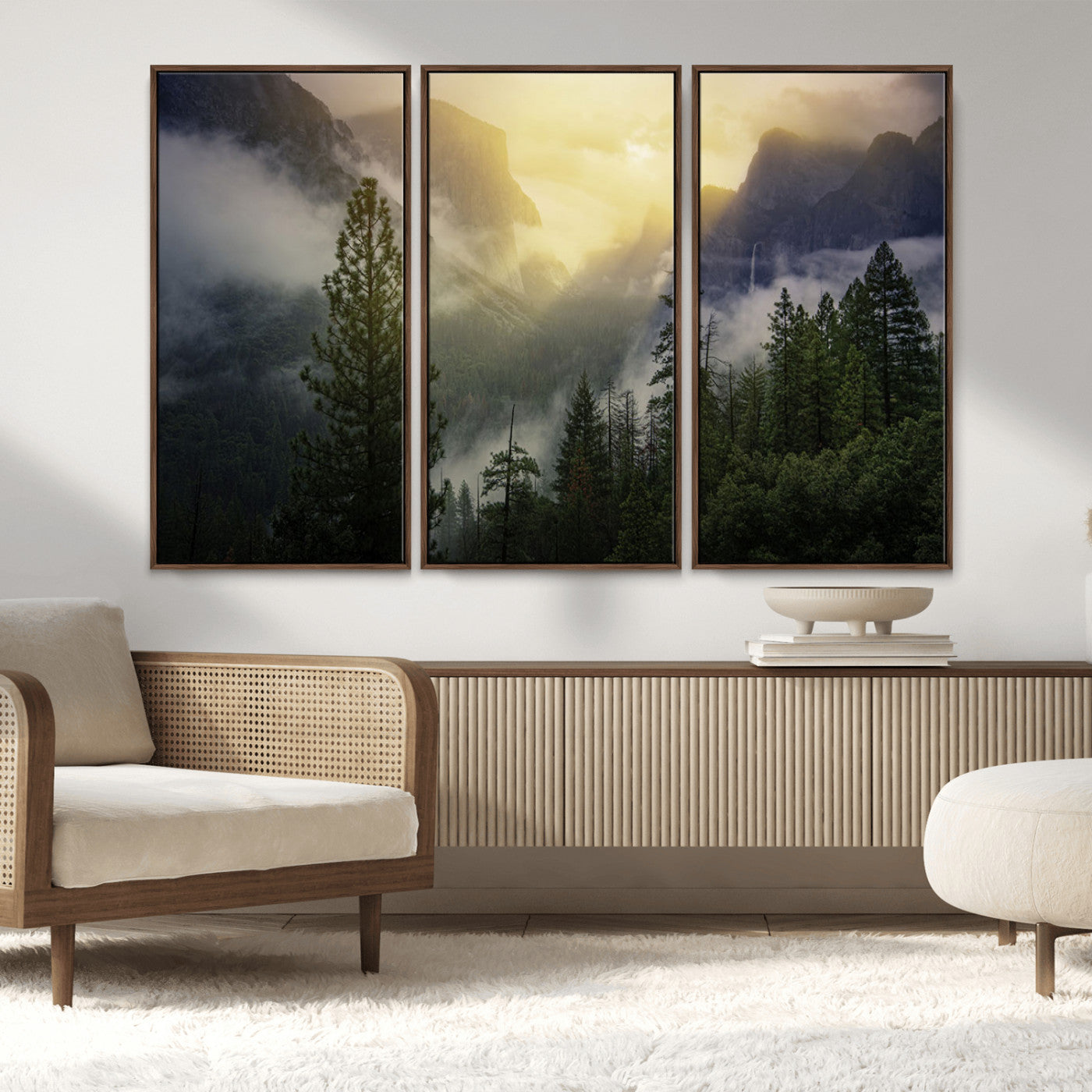38316884-MGV-FC-48X32-3P_Walnut-Landscape Wall Art – Misty Mountain Valley Canvas Print, Scenic Pine Forest and Sunrise Photography Decor for Bedroom, Living