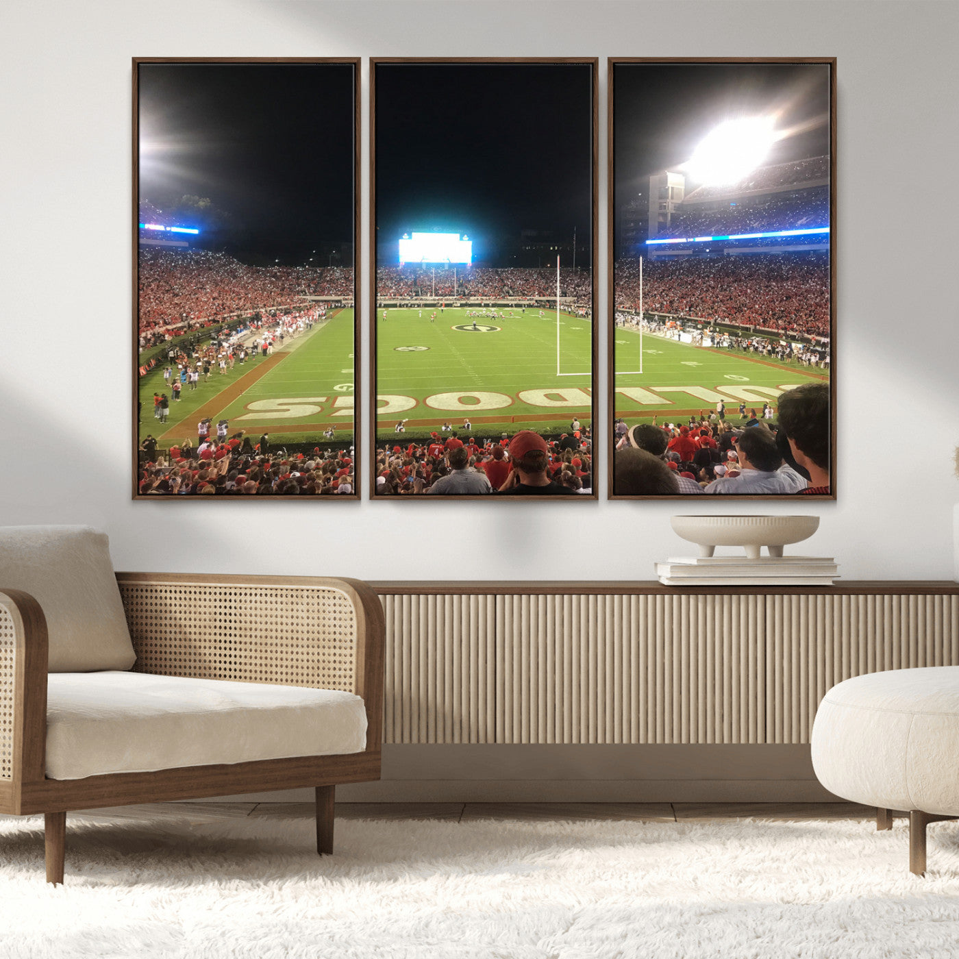 16230786-MGV-FC-48X32-3P_Walnut-Sanford Stadium Wall Art – Georgia Bulldogs Football Night Game Canvas Print, College Sports Decor for Man Cave, Bar, Office, or