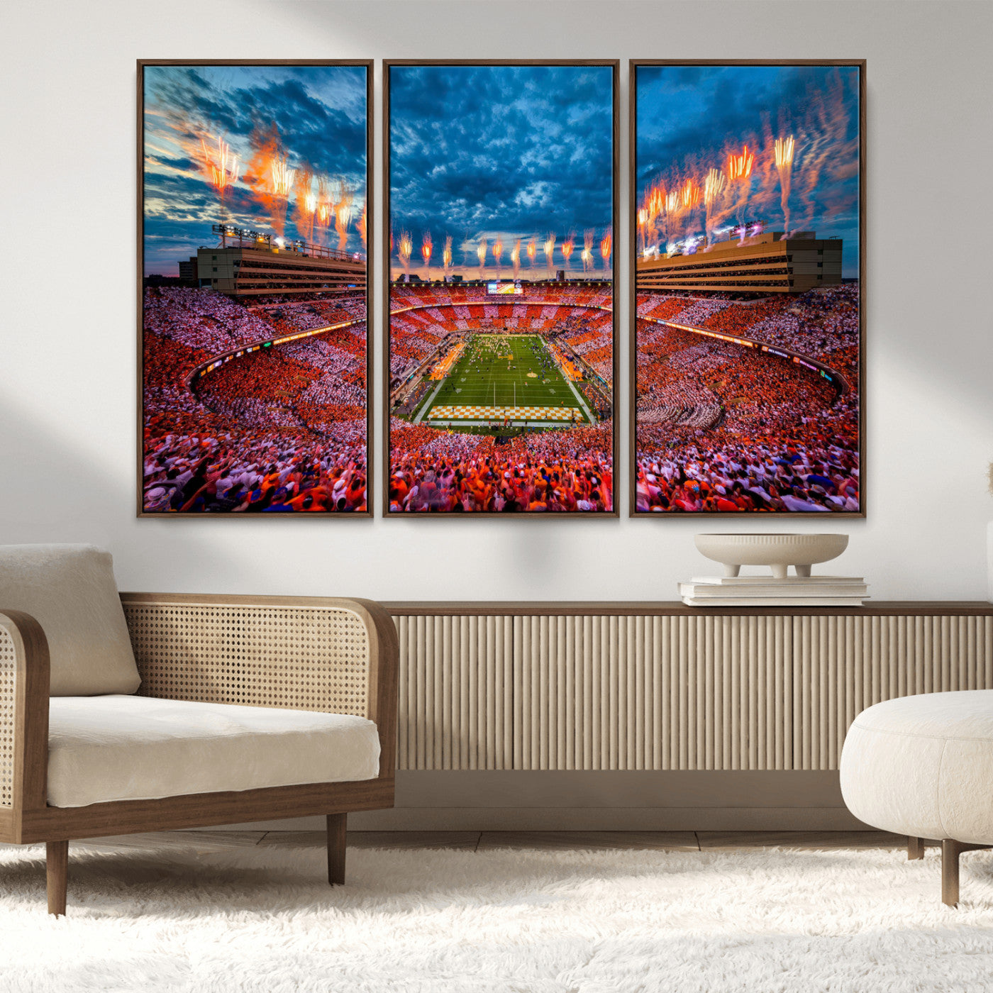 94266219-MGV-FC-48X32-3P_Walnut-Neyland Stadium Wall Art – Tennessee Volunteers Checkerboard Game Day Canvas Print, College Football Fireworks Decor for Man Cave
