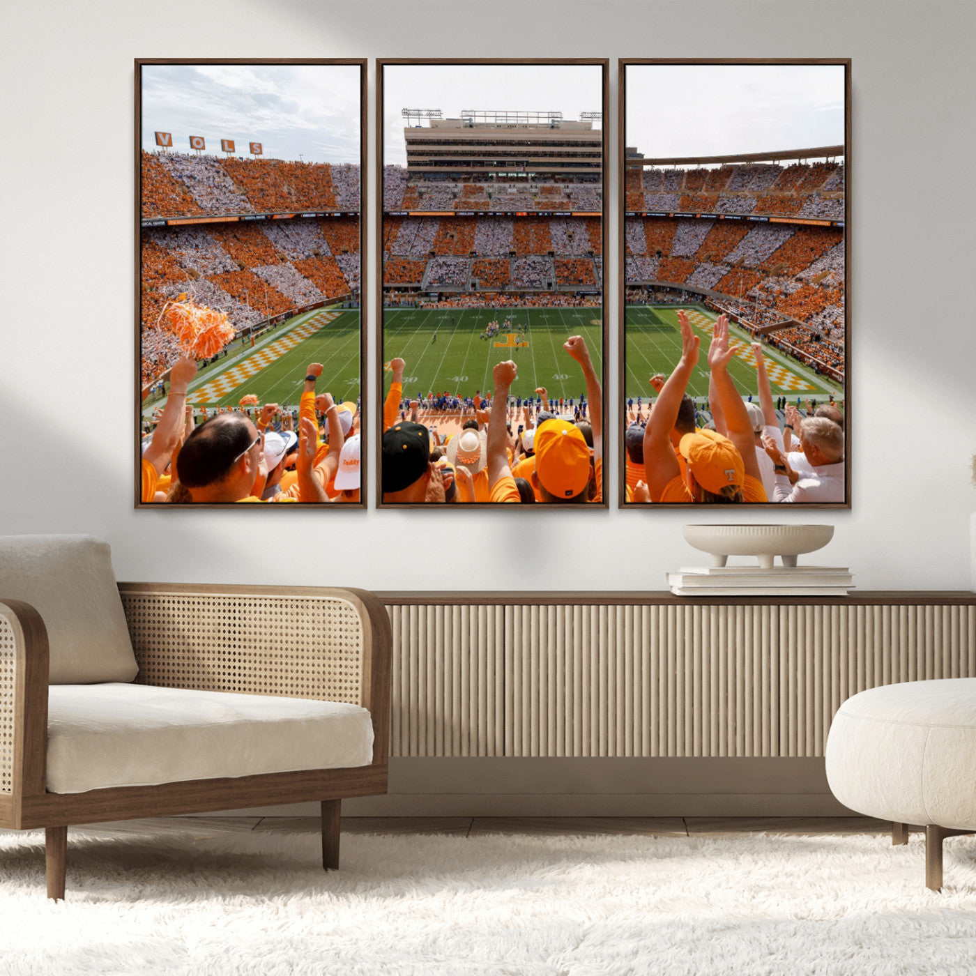 76011417-MGV-FC-48X32-3P_Walnut-Tennessee Volunteers Wall Art – Neyland Stadium Checkerboard Crowd Canvas Print, Vols Football Game Day Fan Perspective Sports