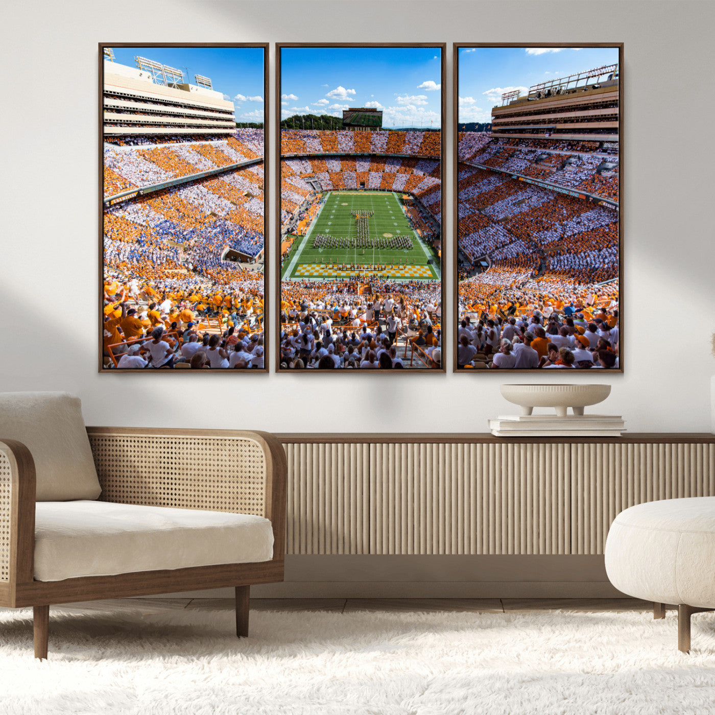 64238859-MGV-FC-48X32-3P_Walnut-Neyland Stadium Wall Art – Panoramic Tennessee Volunteers Power T Checkerboard Crowd Canvas Print, Day Game Football Band Sports