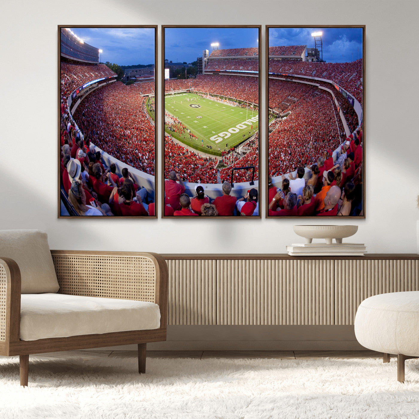 10244378-MGV-FC-48X32-3P_Walnut-Sanford Stadium Wall Art – Panoramic Georgia Bulldogs Day Game Football Canvas Print, Game Day Crowd Sports Decor for Office, Man