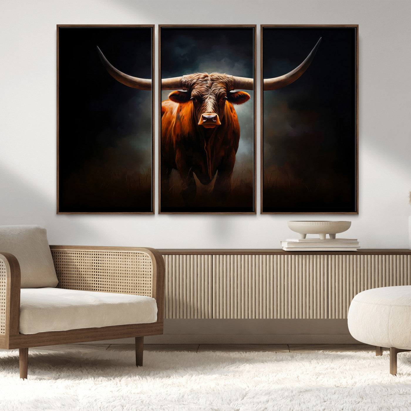 12484-MGV-FC-48X32-3P_Walnut-Texas Longhorn Wall Art Canvas Print, Framed Western Bull Art Picture Print, Moody Cattle Perfect Moody Western Decor Artwork