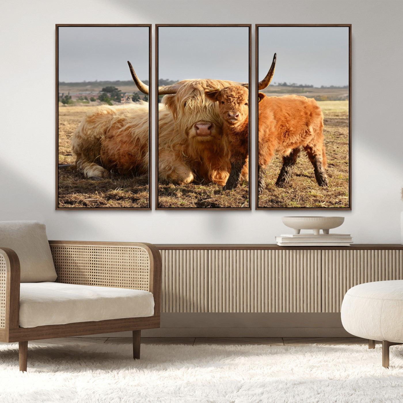 88780-MGV-FC-48X32-3P_Walnut-Highland Cow Wall Art Canvas Print, Framed Cow Calf Art Picture Print, Scottish Cattle Perfect Rustic Farmhouse Decor Artwork