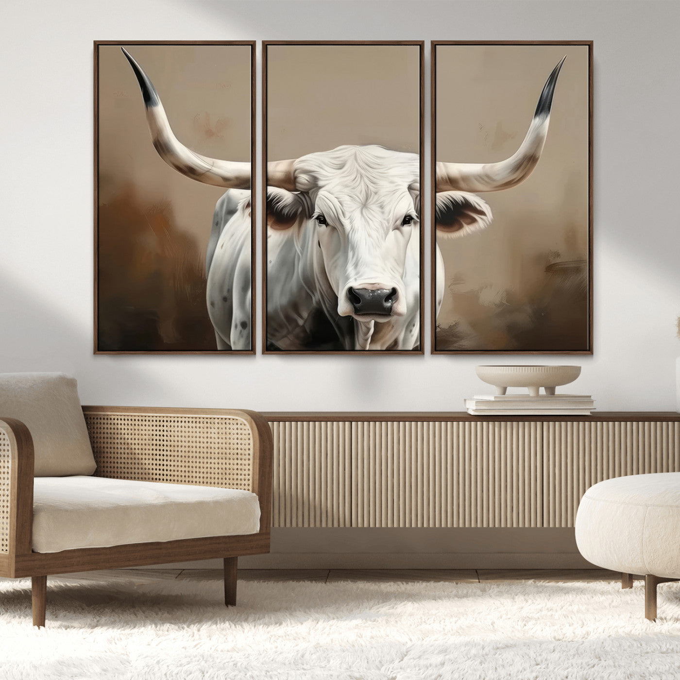 63550-MGV-CV-36X24-Texas Longhorn Wall Art Canvas Print, Framed White Bull Art Picture Print, Horned Cattle Perfect Rustic Western Decor Artwork
