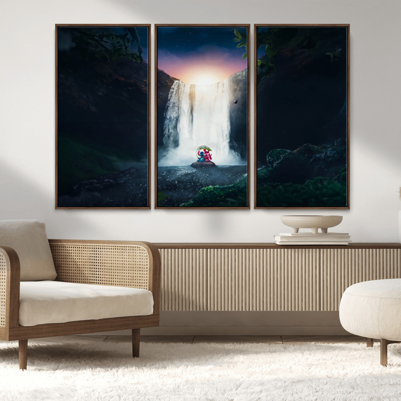 56359-MGV-CV-36X24-Lilo Stitch Wall Art Canvas Print, Framed Stitch Angel Art Picture Print, Cartoon Waterfall Perfect Tropical Fantasy Decor Artwork