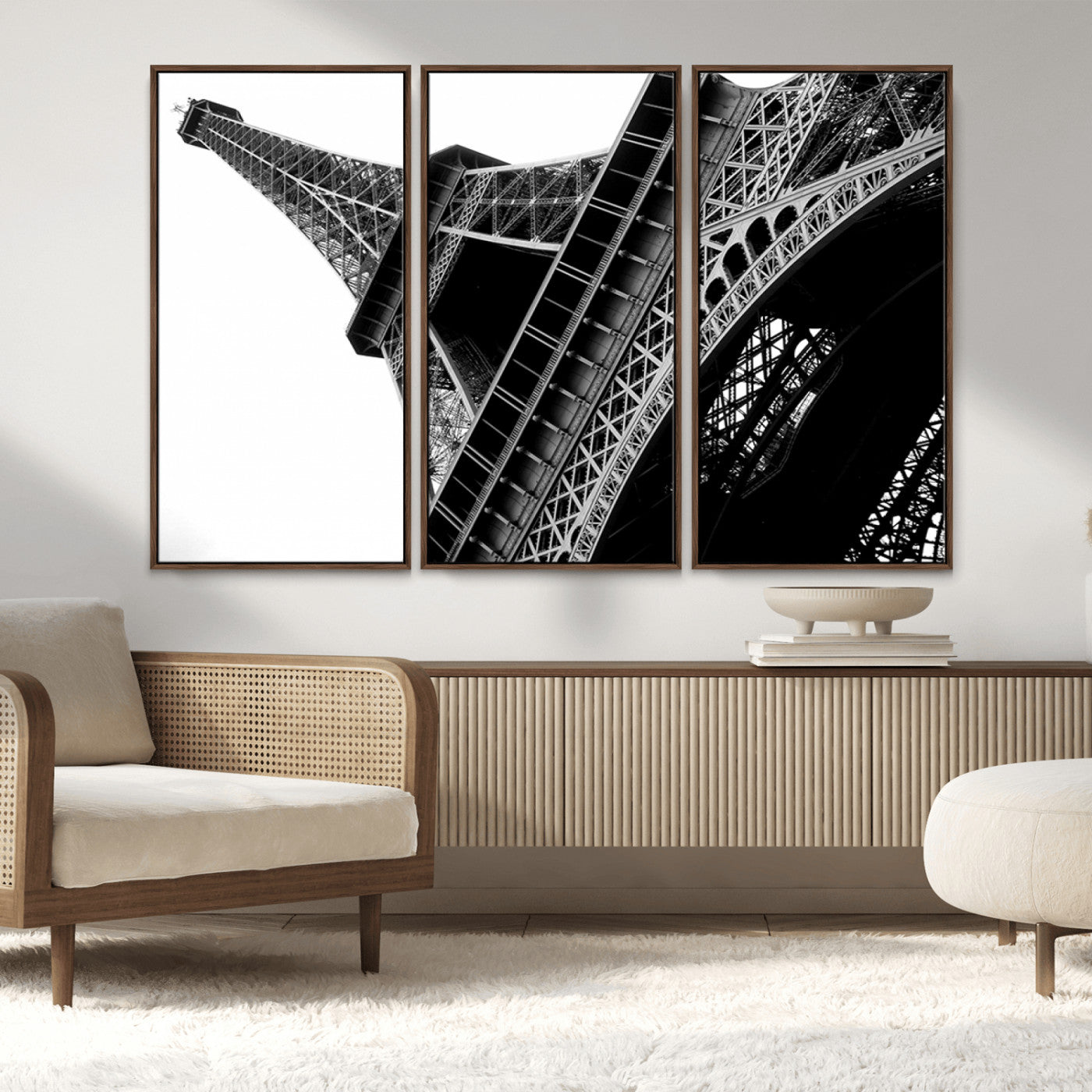 89033-MGV-FC-48X32-3P_Walnut-Eiffel Tower Wall Art – Dramatic Black and White Architectural Canvas Print, Modern Paris Decor for Office, Living Room or