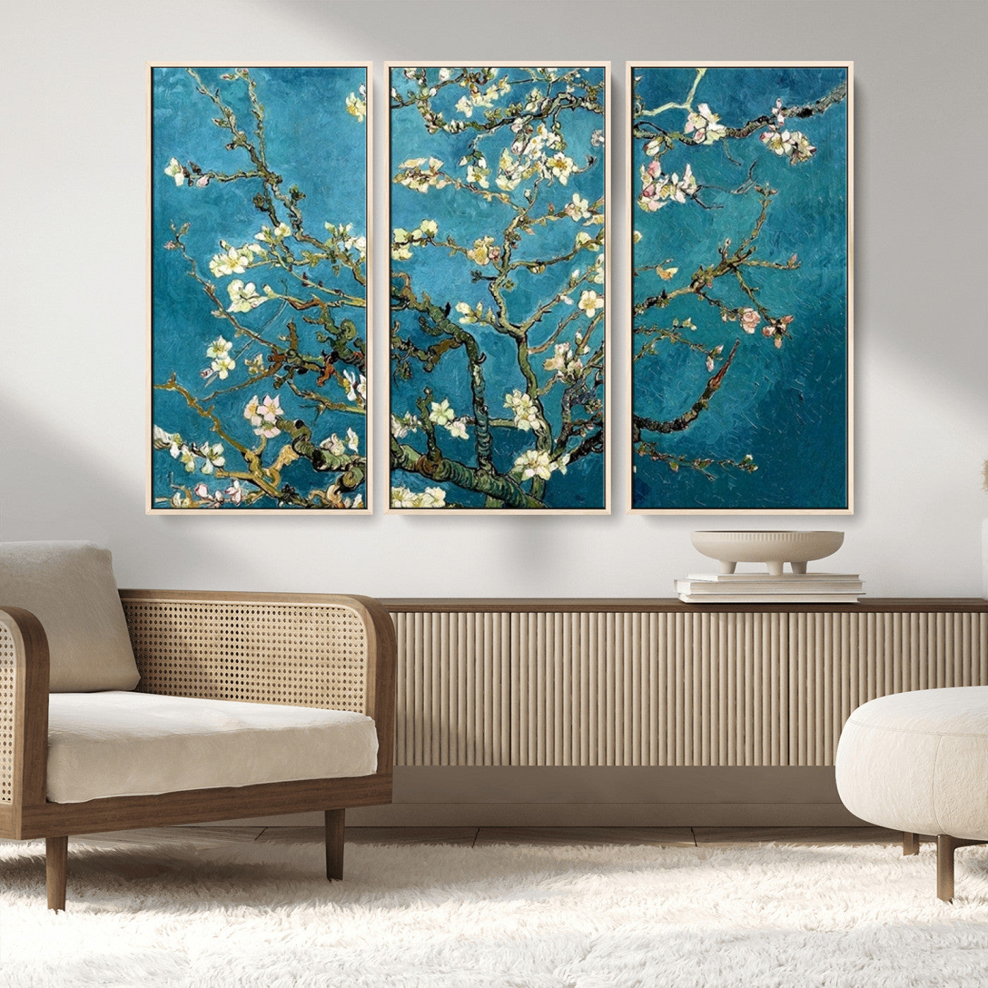 91714-MGV-FC-48X32-3P_Natural-Almond Blossoms Wall Art – Handcrafted Van Gogh Inspired Floral Canvas Print, Beautiful Nature Decor for Living Room, Bedroom, or