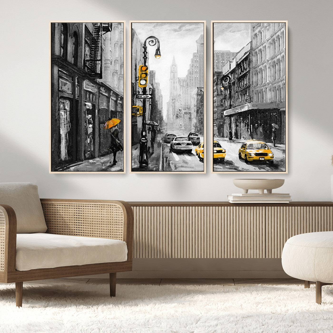 32362-MGV-CV-36X24-NYC Street Wall Art – Black and White Cityscape with Yellow Taxis and Umbrella Canvas Print, Urban Home Decor for Living Room or