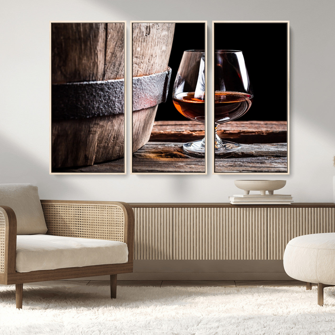 50839-MGV-FC-48X32-3P_Natural-Barrel & Brandy Wall Art – Rustic Whiskey Barrel and Brandy Glass Canvas Print, Elegant Home Bar or Lounge Decor for Office, Man