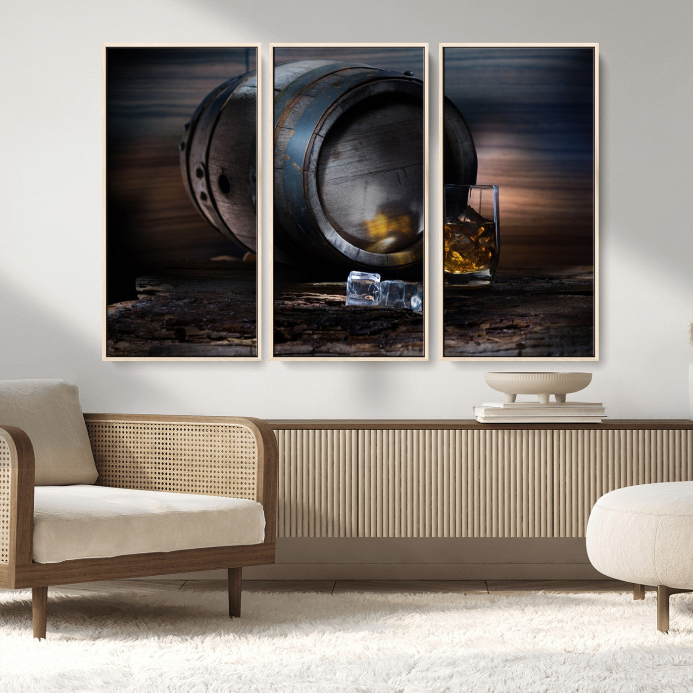 78049-MGV-FC-48X32-3P_Natural-Whiskey Barrel Wall Art – Rustic Whiskey Barrel and Glass with Ice Canvas Print, Classic Bar or Lounge Decor for Home, Office, or