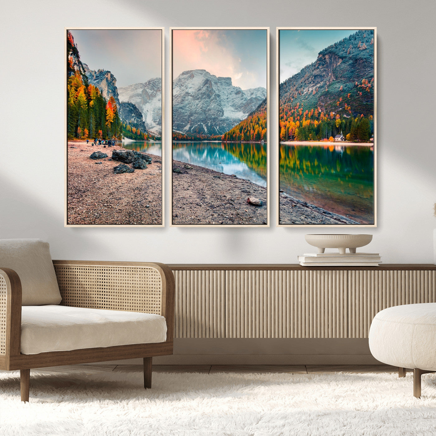 25982-MGV-FC-48X32-3P_Natural-Autumn Mountain Lake Wall Art – Panoramic Fall Foliage and Snowy Peaks Canvas Print, Scenic Nature Decor for Living Room or Office