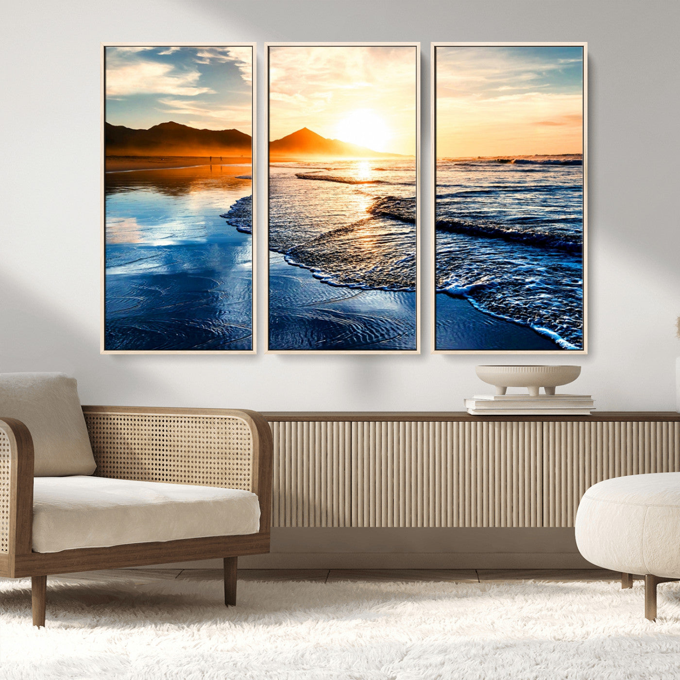 86173-MGV-CV-36X24-Golden Sunset Beach Wall Art – Reflective Ocean Canvas Print with Mountains and Waves, Coastal Nature Decor for Living Room,
