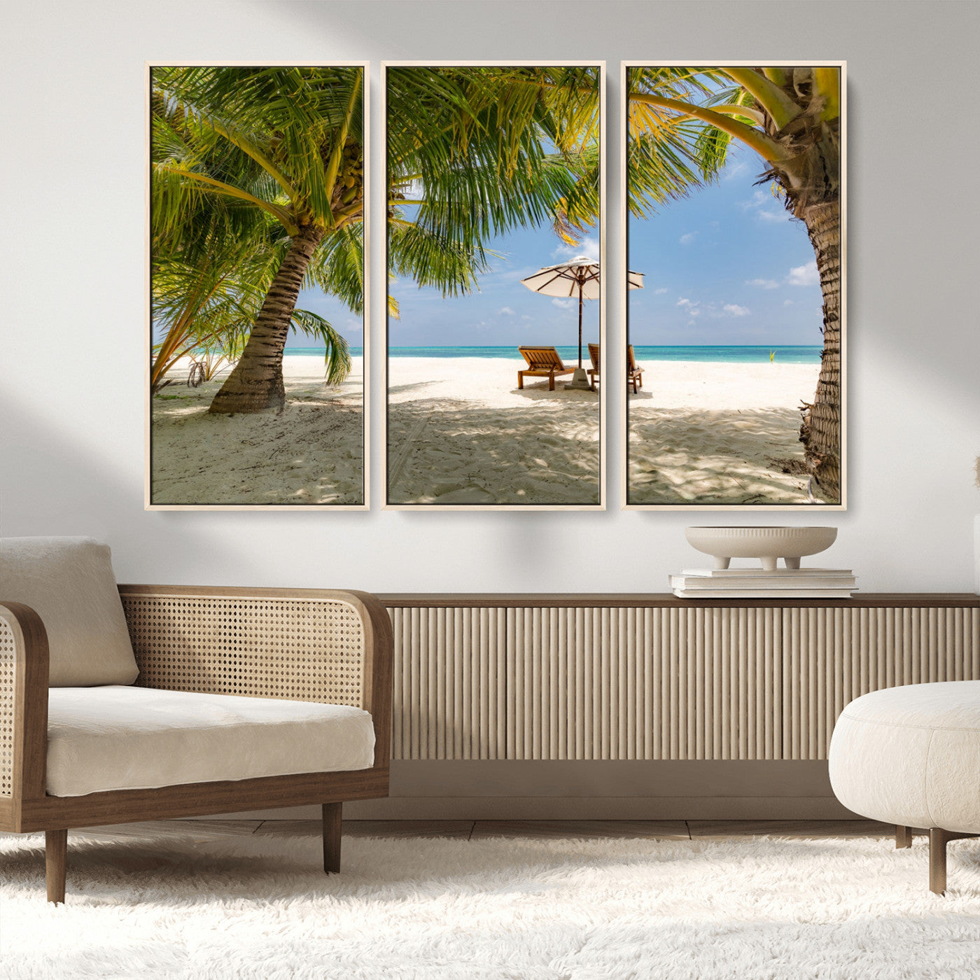 83601-MGV-FC-48X32-3P_Natural-Tropical Beach Wall Art – Serene Palm Trees and Lounge Chairs Canvas Print, Relaxing Coastal Decor for Living Room, Bedroom or