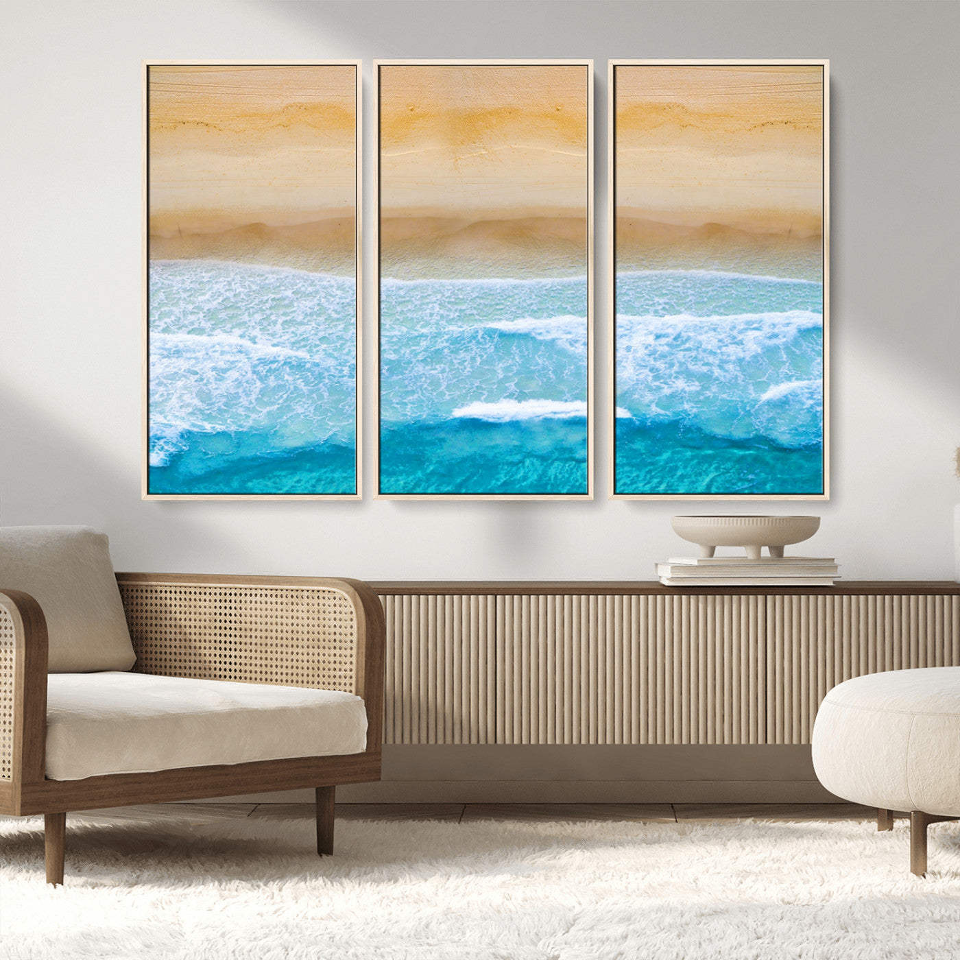 43046-MGV-FC-48X32-3P_Natural-Aerial Beach Wall Art – Serene Ocean Waves & Sandy Shore Canvas Print, Coastal Home Decor for Living Room, Bedroom or Office