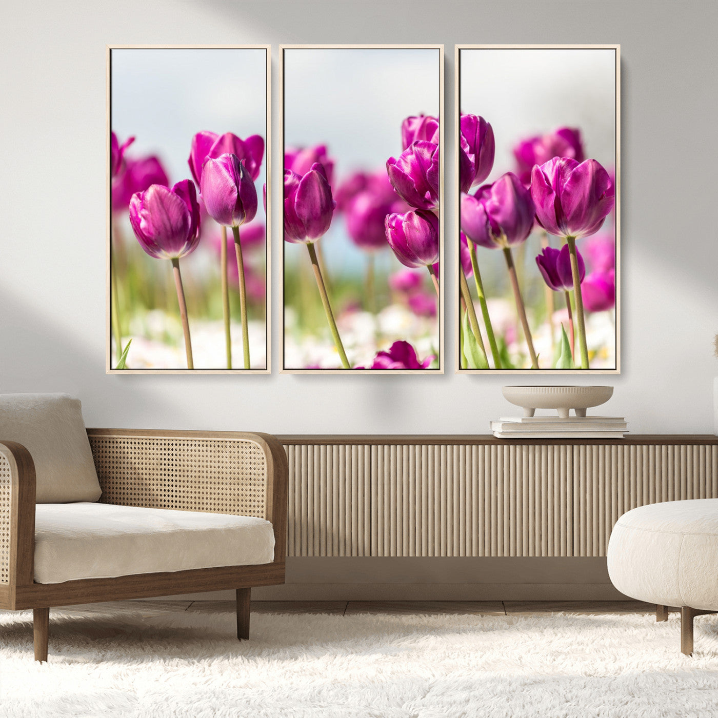 30632-MGV-FC-48X32-3P_Natural-Purple Tulip Field Wall Art – Beautiful Spring Flowers Canvas Print with Soft Focus and Bright Sky, Ideal Floral Decor for Home or