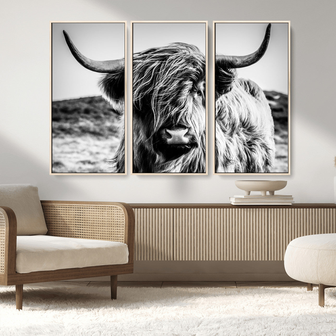 36979-MGV-FC-48X32-3P_Natural-Striking black-and-white portrait of a Highland cow with flowing fur and majestic horns, perfect for rustic and elegant home or
