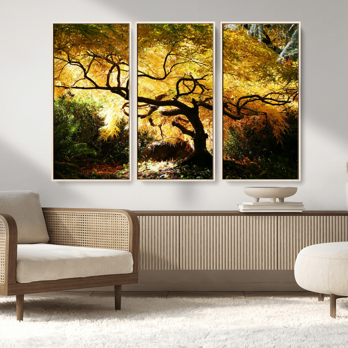 19067-MGV-FC-48X32-3P_Natural-Golden Canopy Wall Art – Panoramic Autumn Tree Canvas Print, Warm Seasonal Decor for Living Room, Office or Garden Space