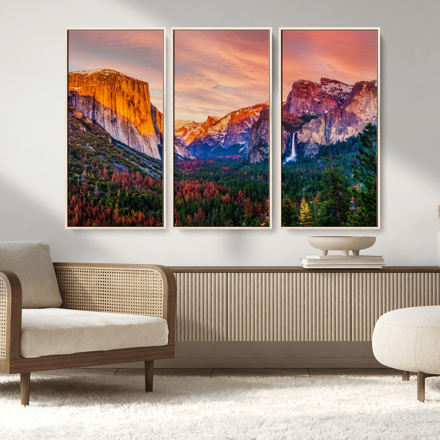 24519-MGV-FC-48X32-3P_Natural-Yosemite Valley Sunset Wall Art – Majestic Mountain Landscape with Waterfall and Vibrant Sky, Nature Photography for Home or