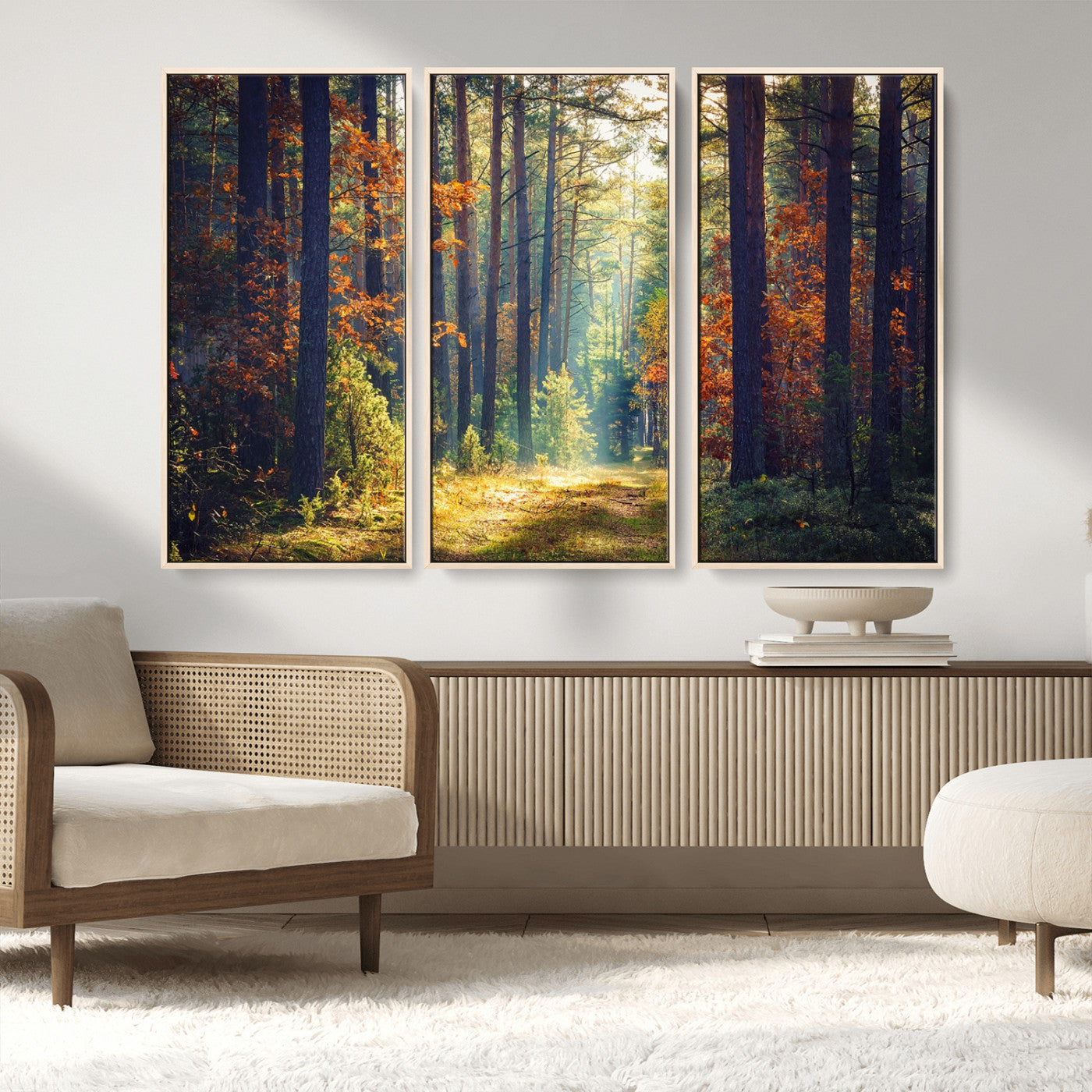 86249-MGV-CV-36X24-Sunlit Autumn Forest Path Wall Art – Peaceful Nature Scene with Fall Foliage, Calming Woods Decor for Home or Office
