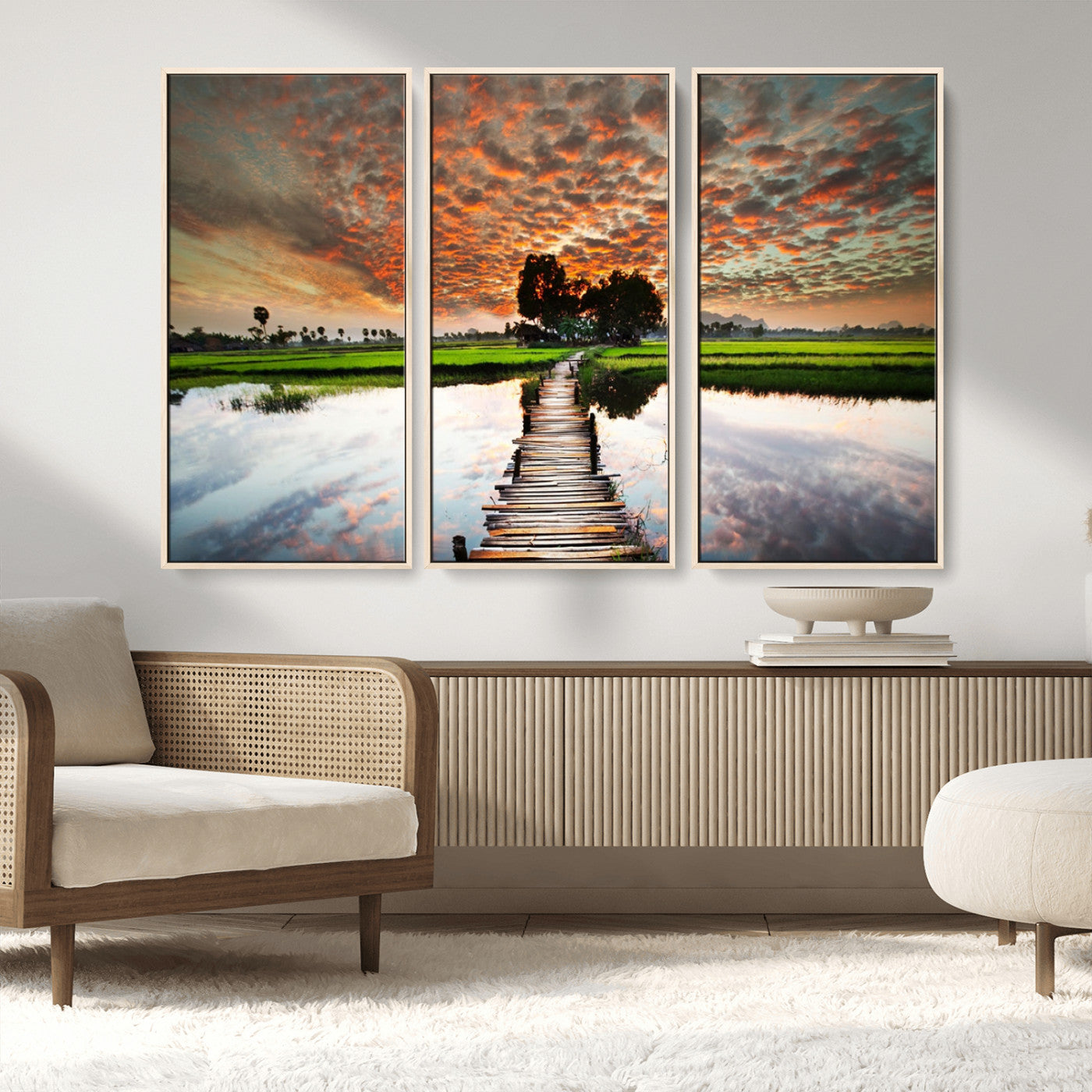 29105-MGV-CV-36X24-Rustic Wooden Bridge Wall Art – Scenic Sunset Over Rice Fields and Reflective Water Canvas Print, Nature Landscape Decor for