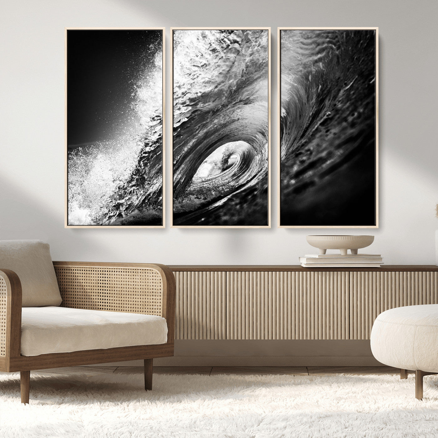 22702-MGV-CV-36X24-Black and White Ocean Wave Wall Art – Powerful Surf Curl Photography Canvas Print, Modern Coastal Decor for Living Room, Office or