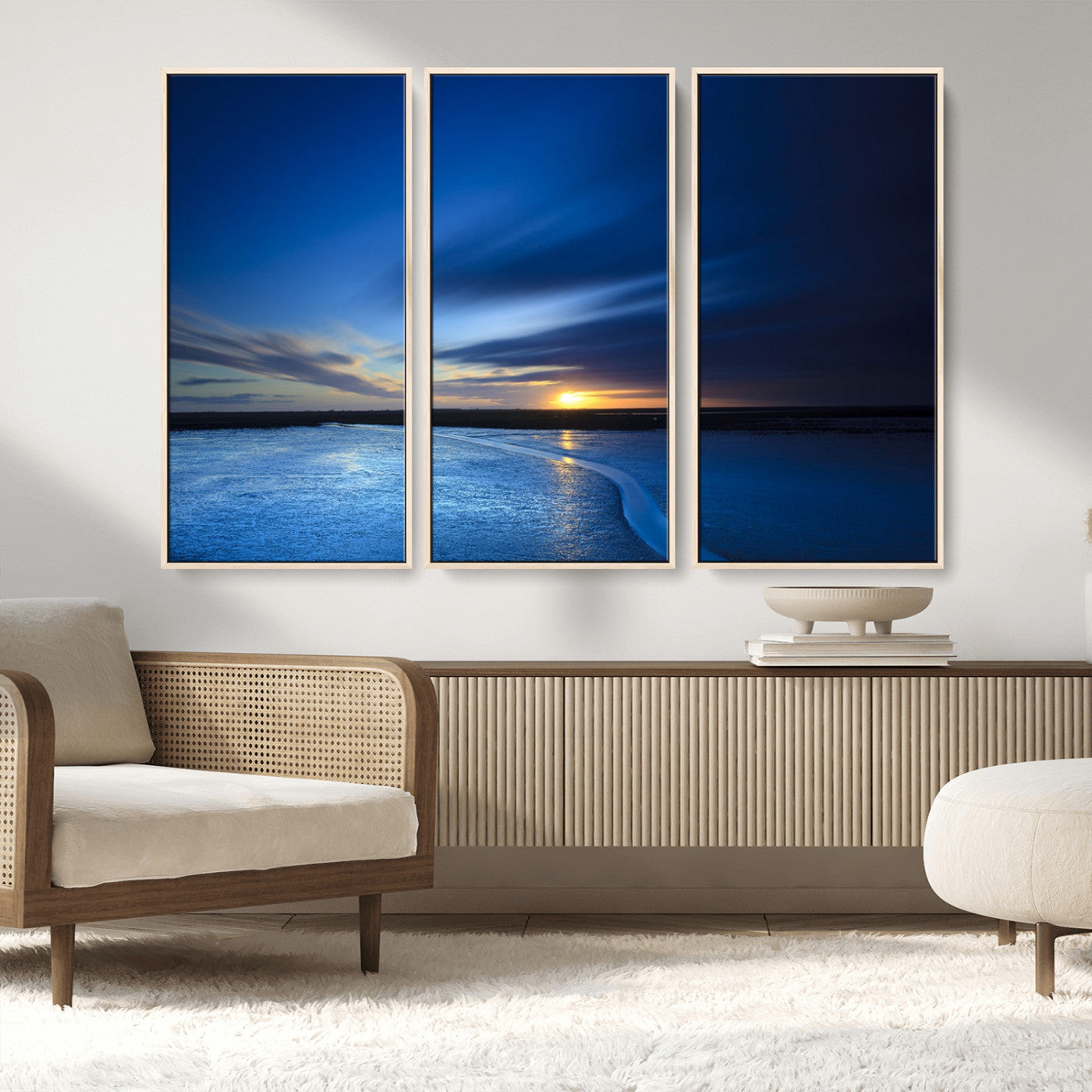 65405-MGV-CV-36X24-Blue Sunrise Seascape Wall Art – Tranquil Ocean Horizon Canvas Print with Golden Sunlight and Deep Sky, Coastal Landscape Decor