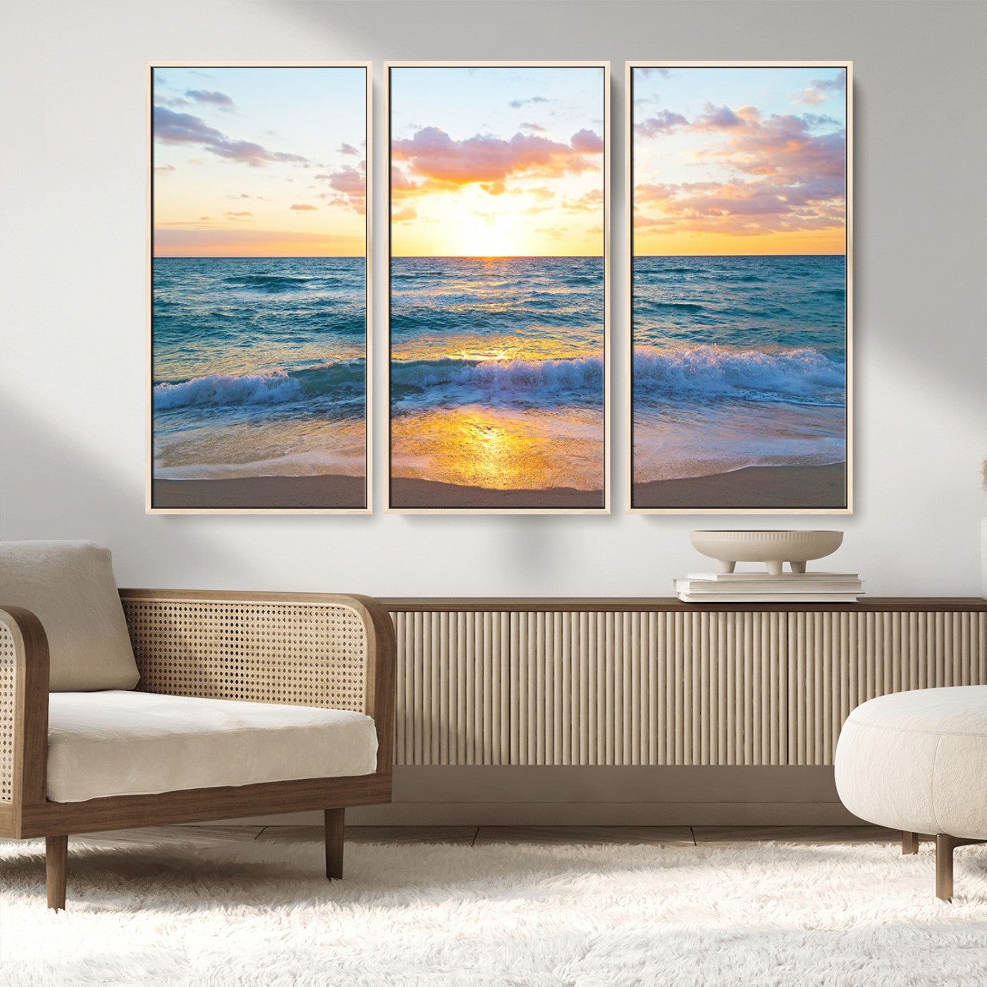 78006-MGV-CV-36X24-Golden Sunrise Ocean Wall Art – Panoramic Beach Waves Canvas Print, Coastal Seascape Artwork for Living Room, Bedroom, Office, or
