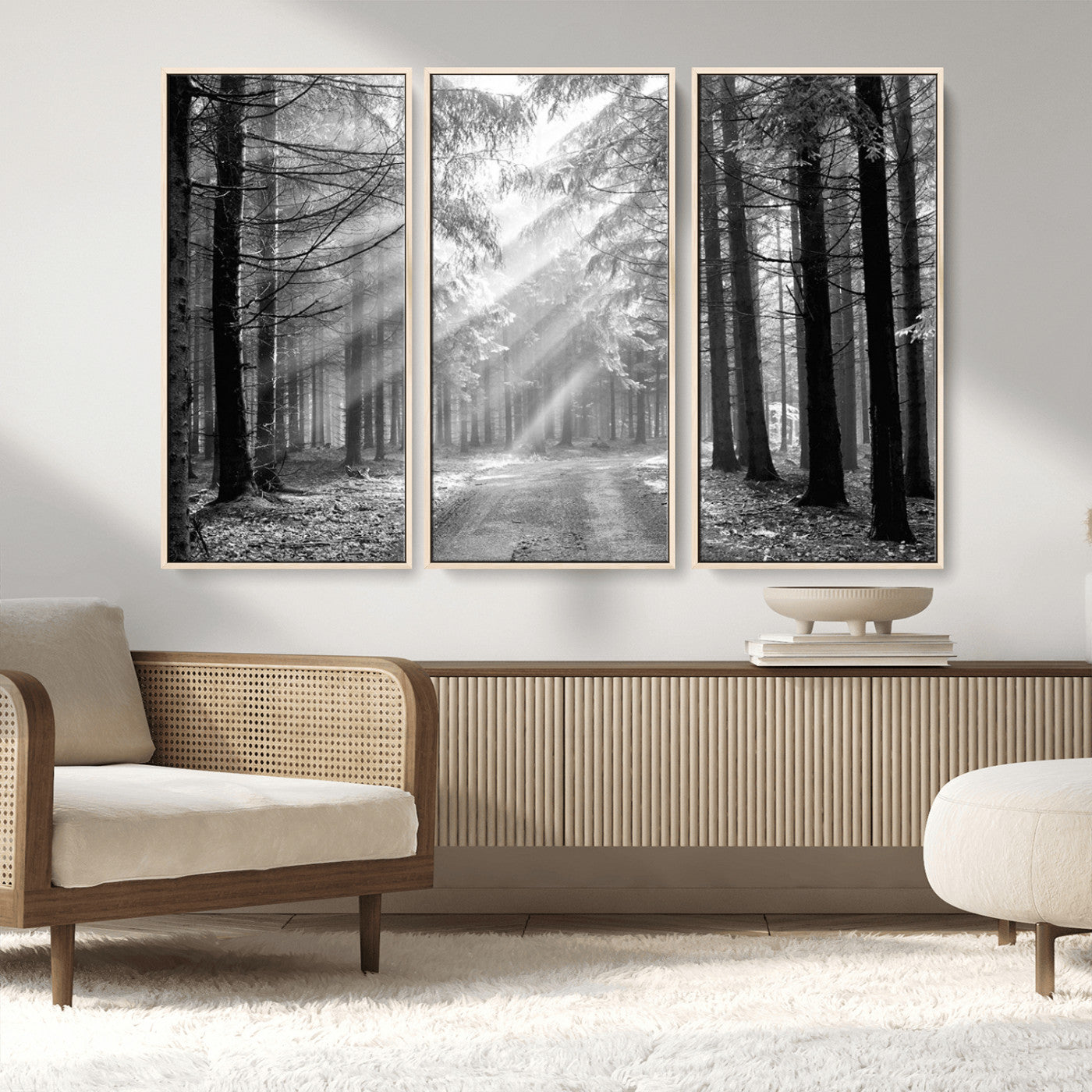 39665-MGV-CV-36X24-Black and White Forest Path Wall Art – Sunlight Rays in Trees Canvas Print, Nature Landscape Decor for Living Room